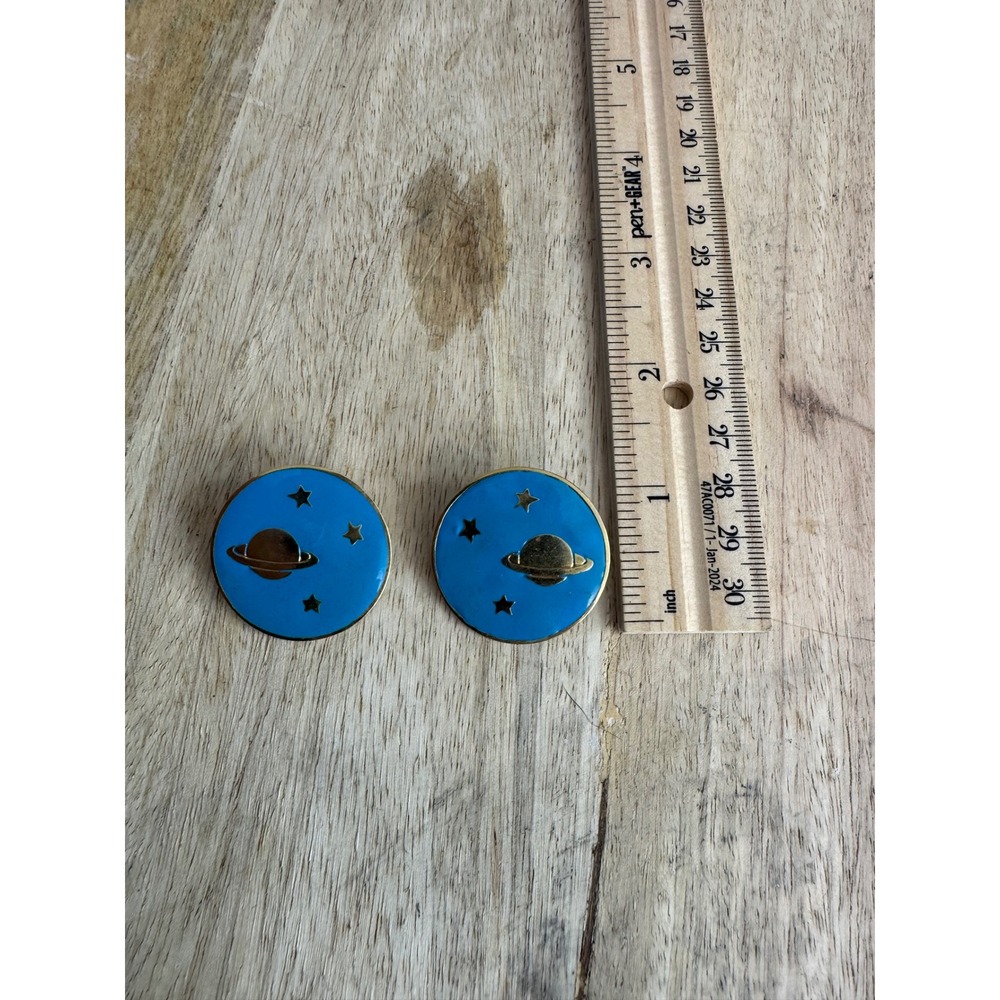 Vintage Blue Enamel Saturn Star Celestial Round Stud‎ Earrings Gold Tone Space